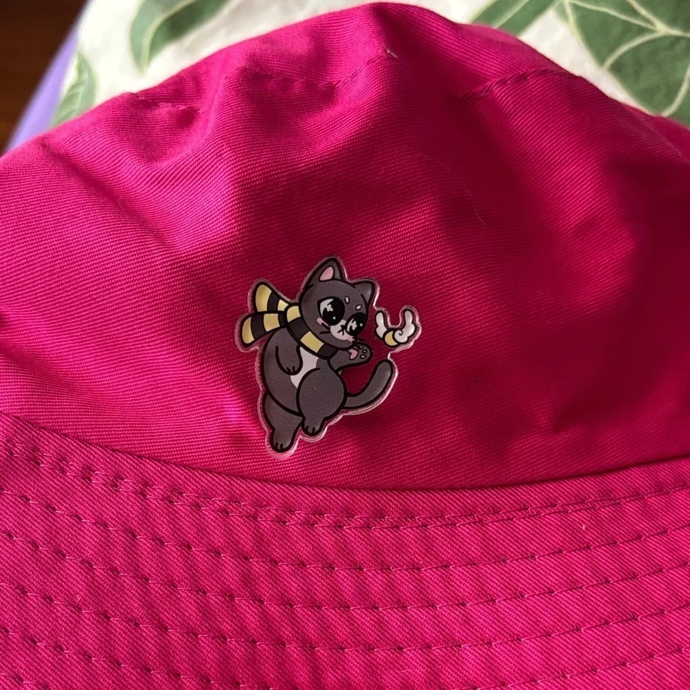 Pink Bucket Hat with Cat Pin
